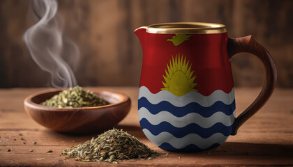Obraz na płótnie Canvas A teapot with the Kiribati flag printed on it is on the table, next to it is a mug of tea and green tea is scattered. Concept of tea business, friendship, partnership