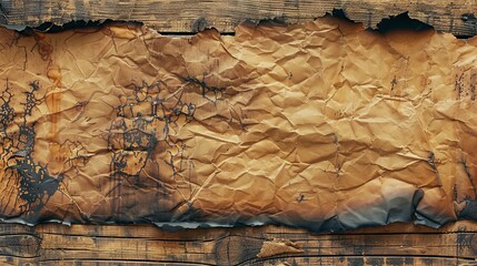 Paper sheet with burnt edges on wooden surface concept wallpaper background