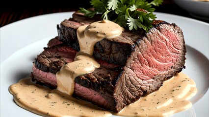 Grilled meat with sauce on a plate. Oriental cuisine.