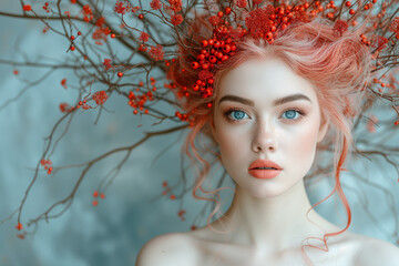 A charming red-haired girl with autumn berries crown. Dreamy portrait of a young woman adorned with a vibrant crown of autumn red berries and branches. Fashion surreal concept. 