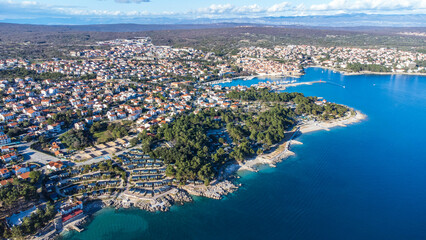 Aerial perspective of Ježevac Premium Camping Resort, located near the charming town of Krk on the...
