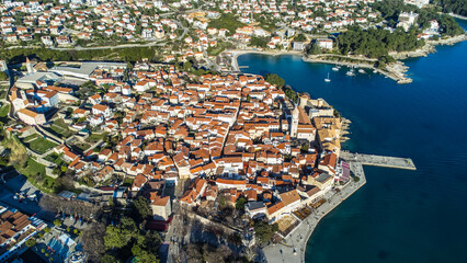 Aerial view of the enchanting town of Krk on the island of Krk in Croatia, captured from a drone.