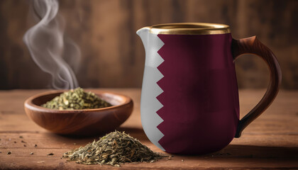 A teapot with the Qatar flag printed on it is on the table, next to it is a mug of tea and green tea is scattered. Concept of tea business, friendship, partnership