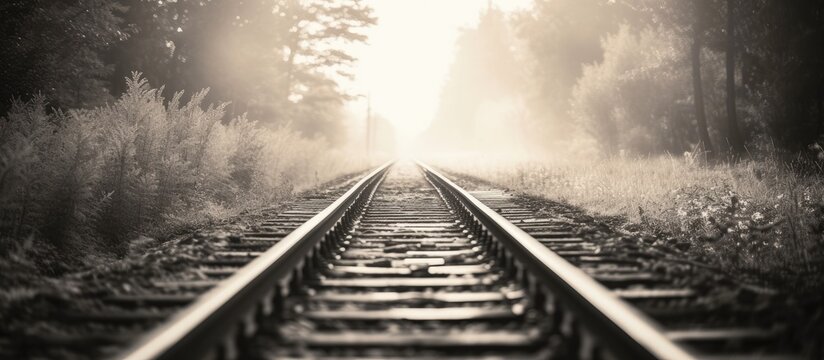 A black and white image showcasing a set of train tracks running parallel to a pathway, creating a sense of travel and connection. The tracks extend into the distance, adding depth to the composition.