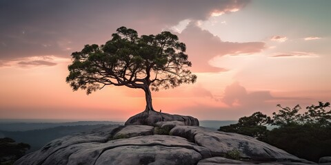 Lonely beautiful tree on the top rock hill mountain at sunset. Nature outdoor scene view