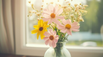 a vase filled with pink and yellow flowers sitting on a window sill in front of a window sill.