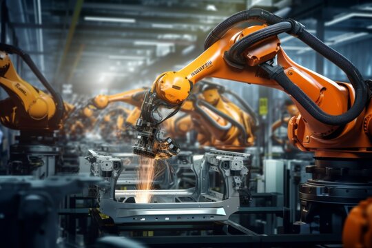 Automated Robotics in Production - Close-up on industrial robots welding in a modern manufacturing line, symbolizing innovation.