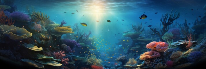 Fototapeta na wymiar Mystic Underwater Coral Haven - Sunlight pierces the ocean depths, illuminating the rich coral ecosystem teeming with marine life.