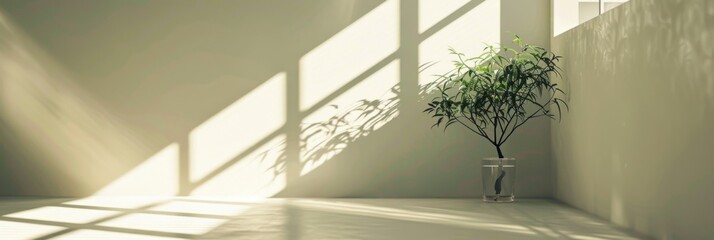 Minimalist Interior Sunlight Play - A minimalist interior with sunlight casting geometric shadows, creating a tranquil and warm ambiance.