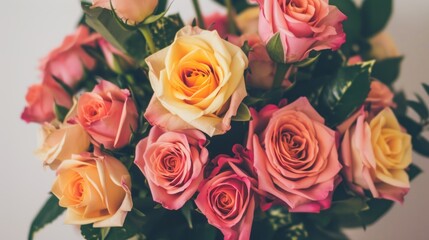 a bouquet of pink, yellow, and orange roses is in a vase with greenery and a white wall in the background.