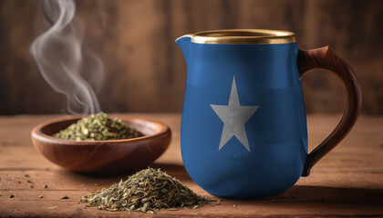 A teapot with the Somalia flag printed on it is on the table, next to it is a mug of tea and green tea is scattered. Concept of tea business, friendship, partnership