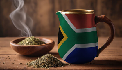 A teapot with the South Africa flag printed on it is on the table, next to it is a mug of tea and green tea is scattered. Concept of tea business, friendship, partnership