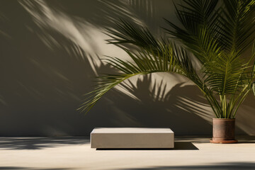 Square product podium with shadow from potted palm tree casts a shade
