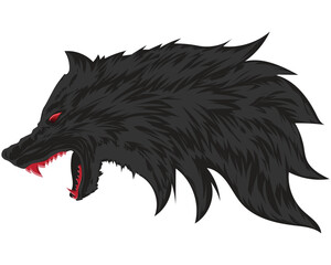 Fototapeta premium vector design, an art illustration of the head of a wolf with black fur opening its mouth with sharp red teeth and red eyes