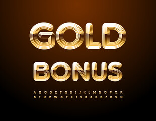 Vector trendy Emblem Gold Bonus. Exclusive Chic Font. Luxury Alphabet Letters and Numbers.