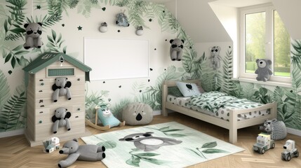 a child's room decorated in green and white with a jungle theme, including a bed, dresser, chest of drawers, and stuffed animals.