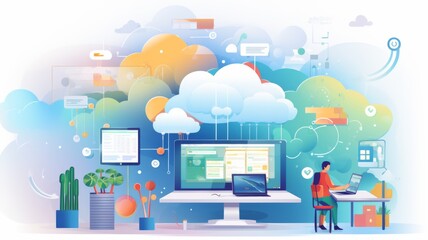 Vibrant Virtual Cloud Computing Concept - An illustration of cloud computing, with a dynamic mix of colors and technology symbols.