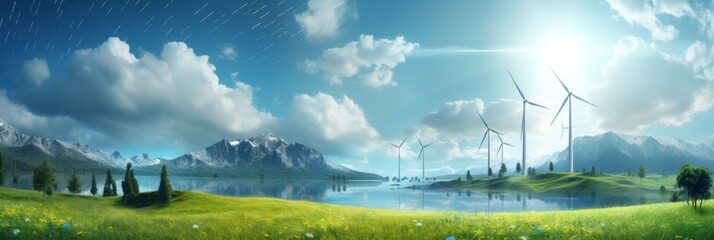 Renewable Energy Panoramic Landscape - A breathtaking landscape integrating wind power into nature, representing sustainable energy solutions. - obrazy, fototapety, plakaty