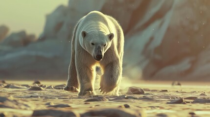 A winter environmental scene showing a hungry adult male polar bear searching for food while walking on thin ice near open, unfrozen water. Climate change issues.