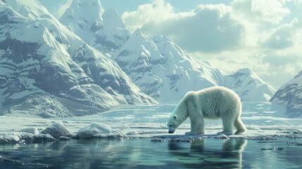 A winter environmental scene showing a hungry adult male polar bear searching for food while walking on thin ice near open, unfrozen water. Climate change issues.