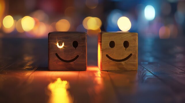 Smile face in bright side and dark side on wooden block cube for positive mindset selection concept.