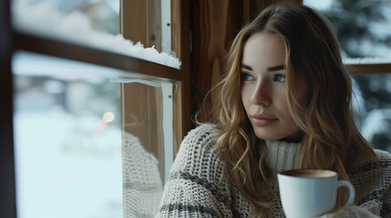 Jovem mulher desfrutando de um momento aconchegante na janela olhando para uma paisagem nevada com uma xícara de café