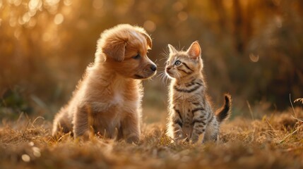 Fototapeta premium Puppy and Kitten: A Moment of Gentle Companionship