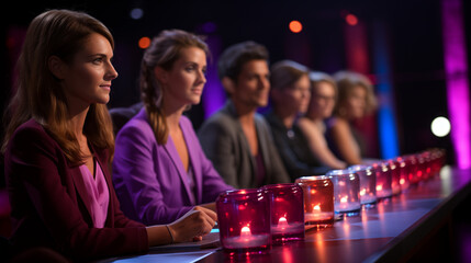 Sur le plateau TV, l'animatrice rayonnante accueille les candidats. Le jeu commence, l'excitation &eacute;lectrise le public. 