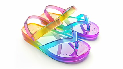 Colorful fashion plastic shiny sandals isolated on white, great for summer vacations, beach travel