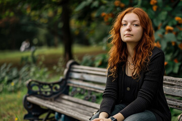 Obraz premium Pensive young redhead woman sitting alone on a park bench in autumn