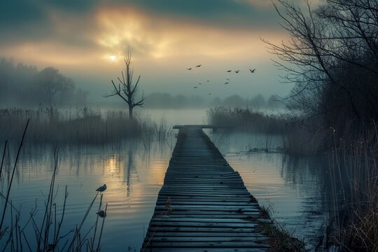 A serene sunrise scene over a misty lake with a wooden jetty and flying birds