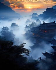 a group of buildings in the middle of a foggy area with trees in the foreground and a sunset in the background.