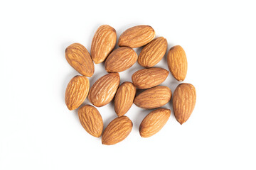Fresh healthy almond nuts on white background.