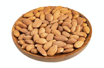 Fresh natural healthy almonds nuts on a wooden plate.