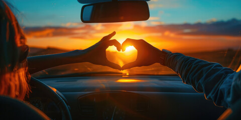 Heart hands, love and couple in a car, breathtaking sunset