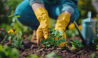 Naklejka premium Hands Planting Young Seedling in a Garden Soil 