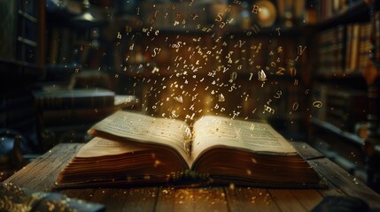 Open magic book with magic light on vintage background. open book on the background of an old...