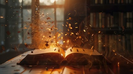 Open magic book with magic light on vintage background. open book on the background of an old library.