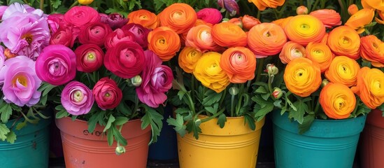 A row of various vibrant spring ranunculus flowers planted in pots, creating a colorful and visually appealing backdrop.