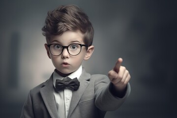A little boy in a business suit points his finger at an empty space.