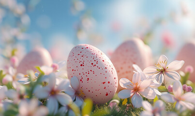 Spring Easter Eggs and Cherry Blossoms Bokeh Background
