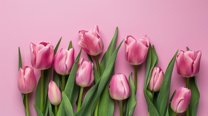 Obraz premium Pink tulip bouquet on pink background banner