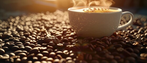 Naklejka premium black coffee in a cup on a burlap background. next to coffee beans and ground coffee. vintage