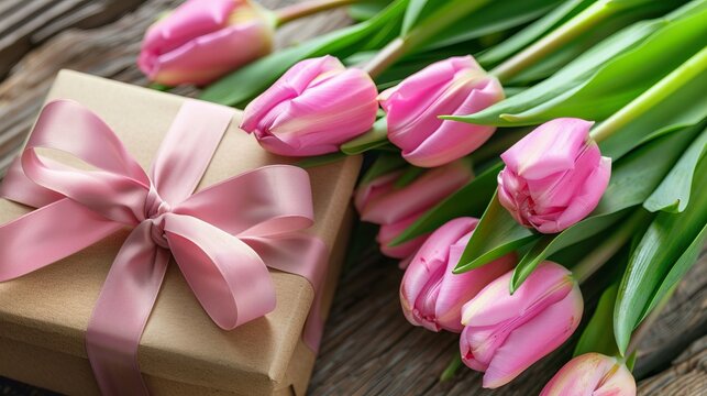 Pink tulip bouquet and gift box with silk ribbon tie backgrounds, great for mother's day event backgrounds