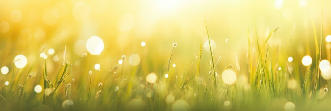 summer background with grass and bokeh. panorama, banner with blurred natural background
