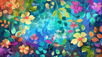 Vivid colored floral painting background, leaves, petals, flowers, branches, colorful banner design