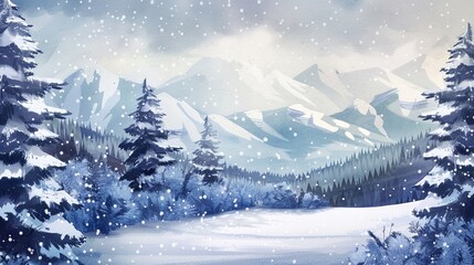 Fototapeta na wymiar Winter snow mountain view landscape illustration, quiet and peaceful