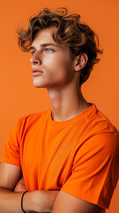 Portrait of a man in an orange T-shirt, orange background