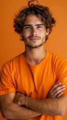 Portrait of a man in an orange T-shirt, orange background