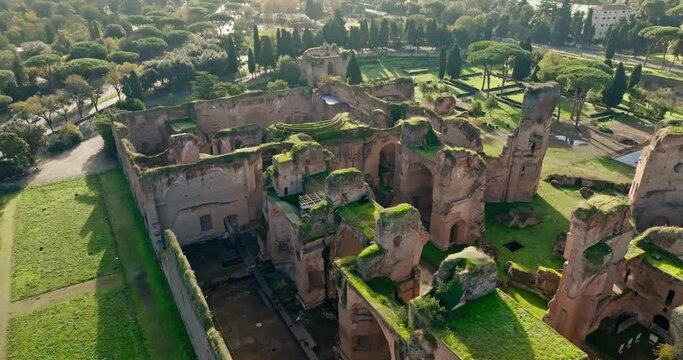 Aerial view of Baths of Caracalla, Rome, Italy. Historical ancient ruins in the center of the tourist site of the national archaeological museum in Europe. High quality 4k footage